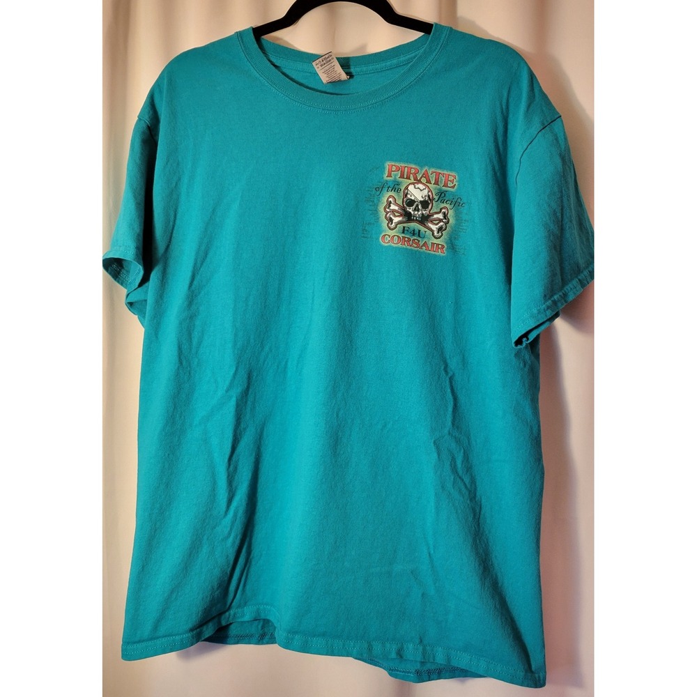 Gildan Mens L Teal F4U Corsair Pirate of the Pacific Whistling Death T-Shirt